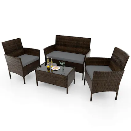 Front. Costway - 4 PCS Patio Furniture Set with Washable Cushions and Tempered Glass Coffee Table - Mix Brown + Grey.