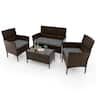 Costway - 4 PCS Patio Furniture Set with Washable Cushions and Tempered Glass Coffee Table - Mix Brown + Grey