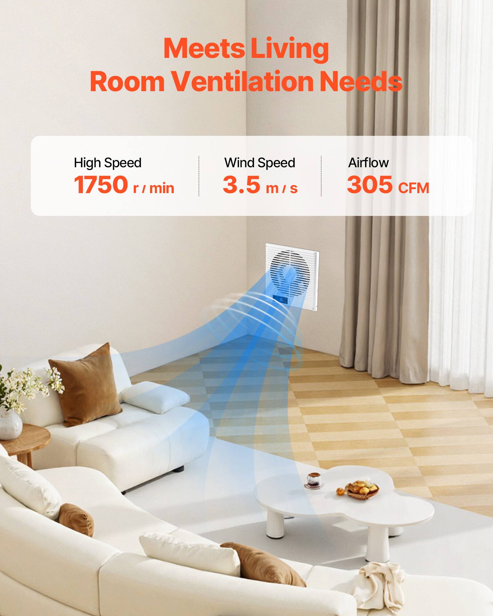 Meets Living Room Ventilation Needs

High Speed: 1750 r/min  
Wind Speed: 3.5 m/s  
Airflow: 305 CFM