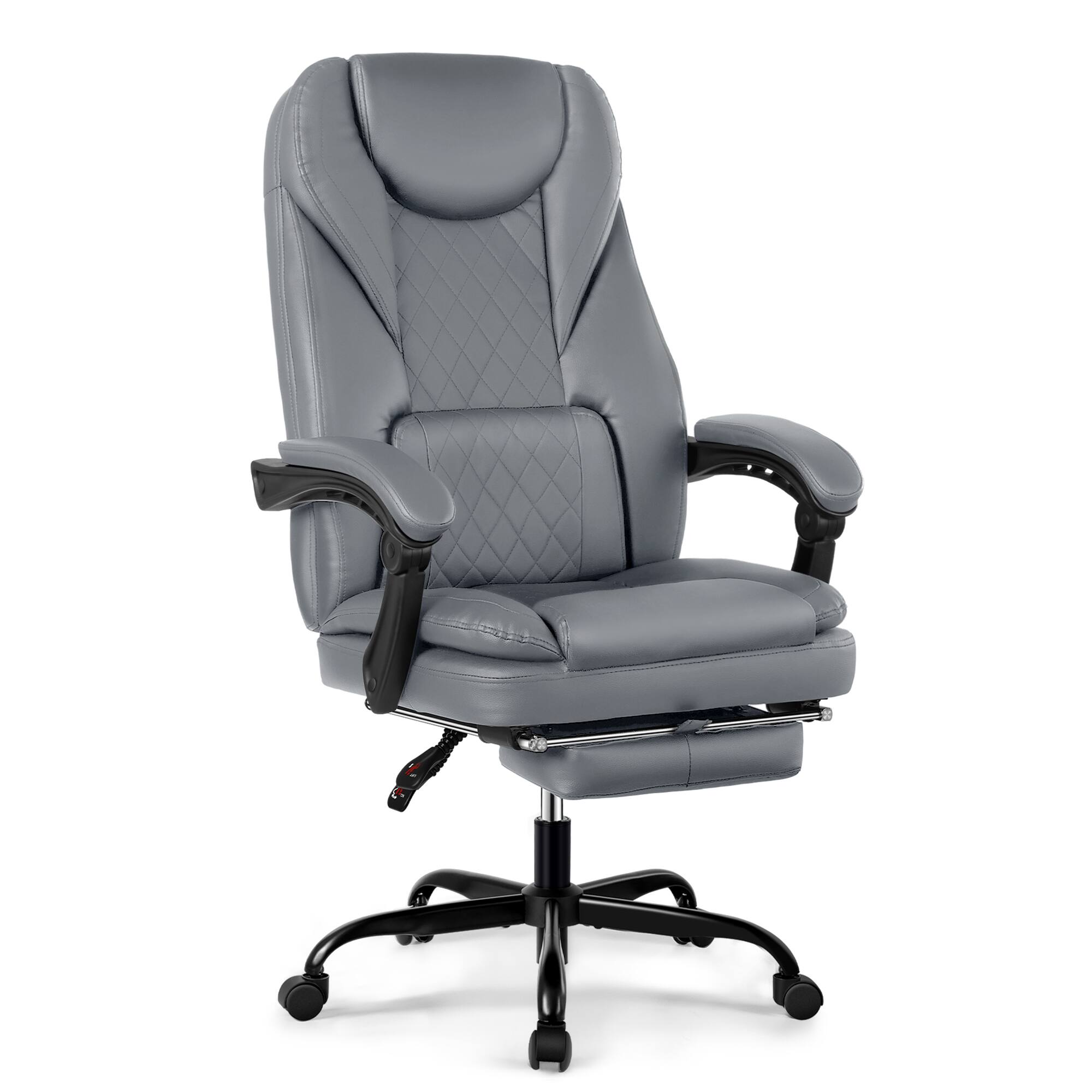 Left. Brick Attic - High-Back Genuine Leather Executive Office Chair, Reclined, with Wumbar Support and Footrest, 300 lbs Weight Capacity - Grey.