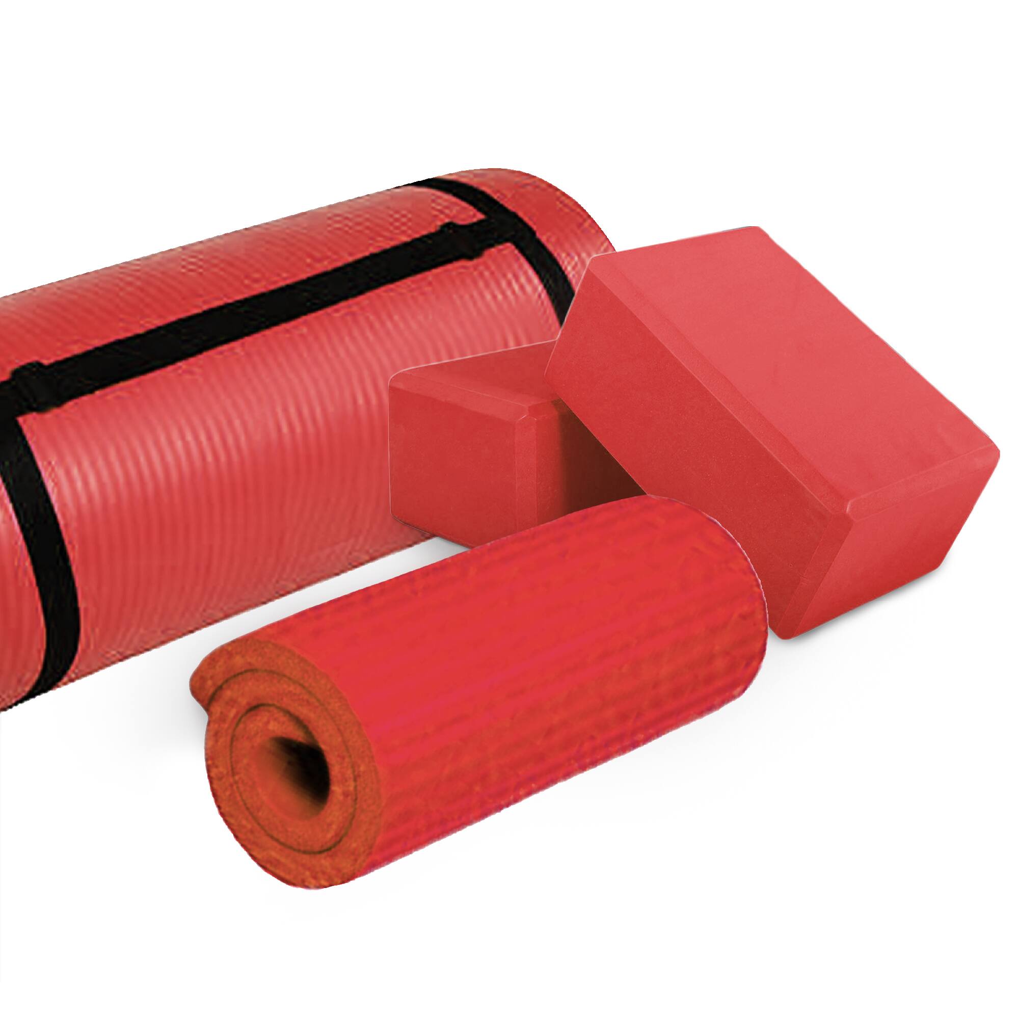 Alt View 4. BalanceFrom Fitness - BalanceFrom Fitness 71"x24" Anti Tear Yoga Mat w/Strap, Knee Pad & Blocks, Red - Red.