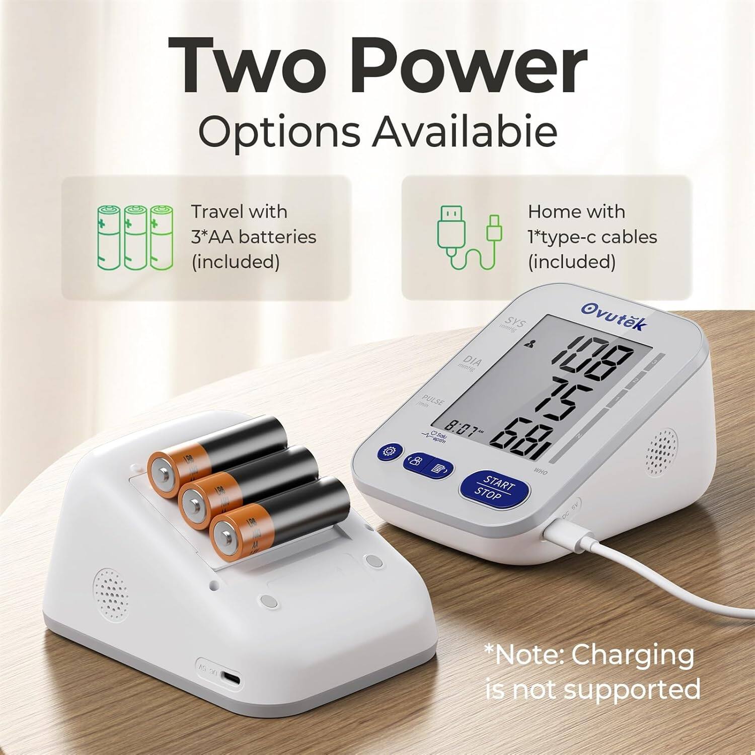 Two Power Options Available

- Travel with 3*AA batteries (included)
- Home with 1*type-c cables (included)

*Note: Charging is not supported
