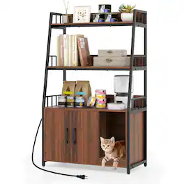 Costway - Cat Litter Box Enclosure with Storage Shelves with Scratching Pad, Charging Station - Walnut