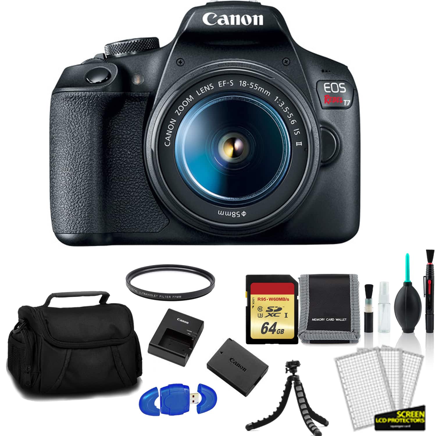 Canon - EOS Rebel T7 EF-S 18-55mm IS II Kit with 64GB Memory Card + UV Filter + More - International Model