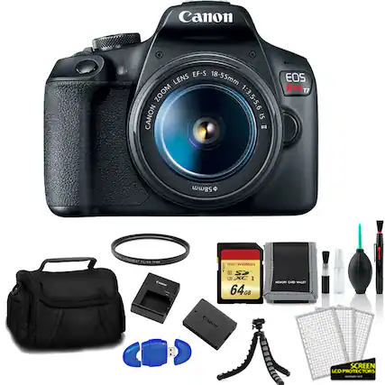 Canon EF-S 18-55mm Lens Zoom 1:3.5-5.6 IS II
EOS Rebel T7
Canon 58mm Ultraviolet Filter
Canon 64GB Memory Card
Canon Memory Card Wallet
Canon Screen LCD Protectors
Canon Tripod
Canon Cleaning Kit
Canon USB Cable
Canon Camera Bag
