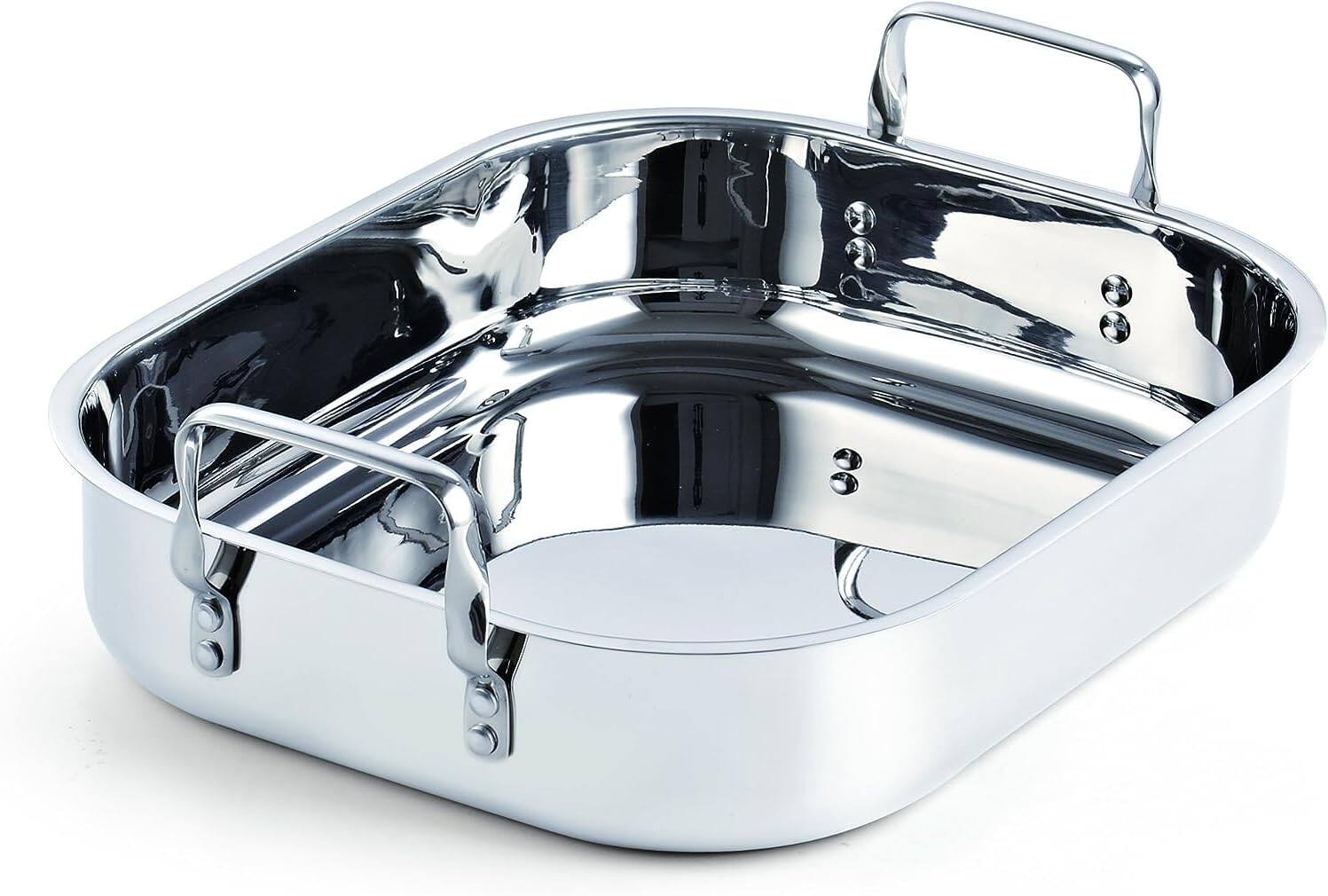 Left. Cooks Standard - Classic 14 x 12 Inch S/S Roaster Pan W/V-Shaped Rack, Turkey Roasting Pan w/Rack, Large Capacity, Oven & Dishwasher Safe - stainless steel.