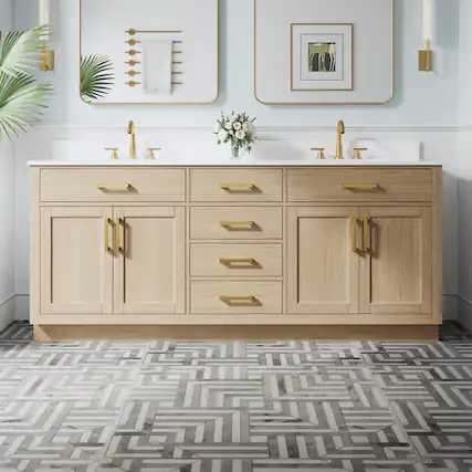 Front. WELLFOR - 80" Solid Wood Bathroom Vanity with Double Sink, 4 Soft-Close Doors, 6 Drawers& Cultured Marble Countertop - OAK.