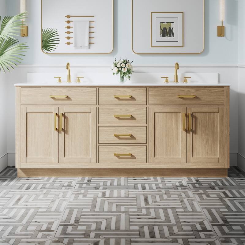 Front. WELLFOR - 80" Solid Wood Bathroom Vanity with Double Sink, 4 Soft-Close Doors, 6 Drawers& Cultured Marble Countertop - OAK.