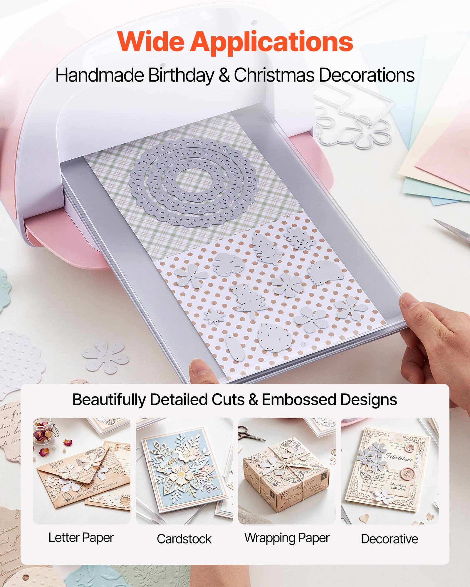 Wide Applications  
Handmade Birthday & Christmas Decorations  

Beautifully Detailed Cuts & Embossed Designs  

Letter Paper  
Cardstock  
Wrapping Paper  
Decorative