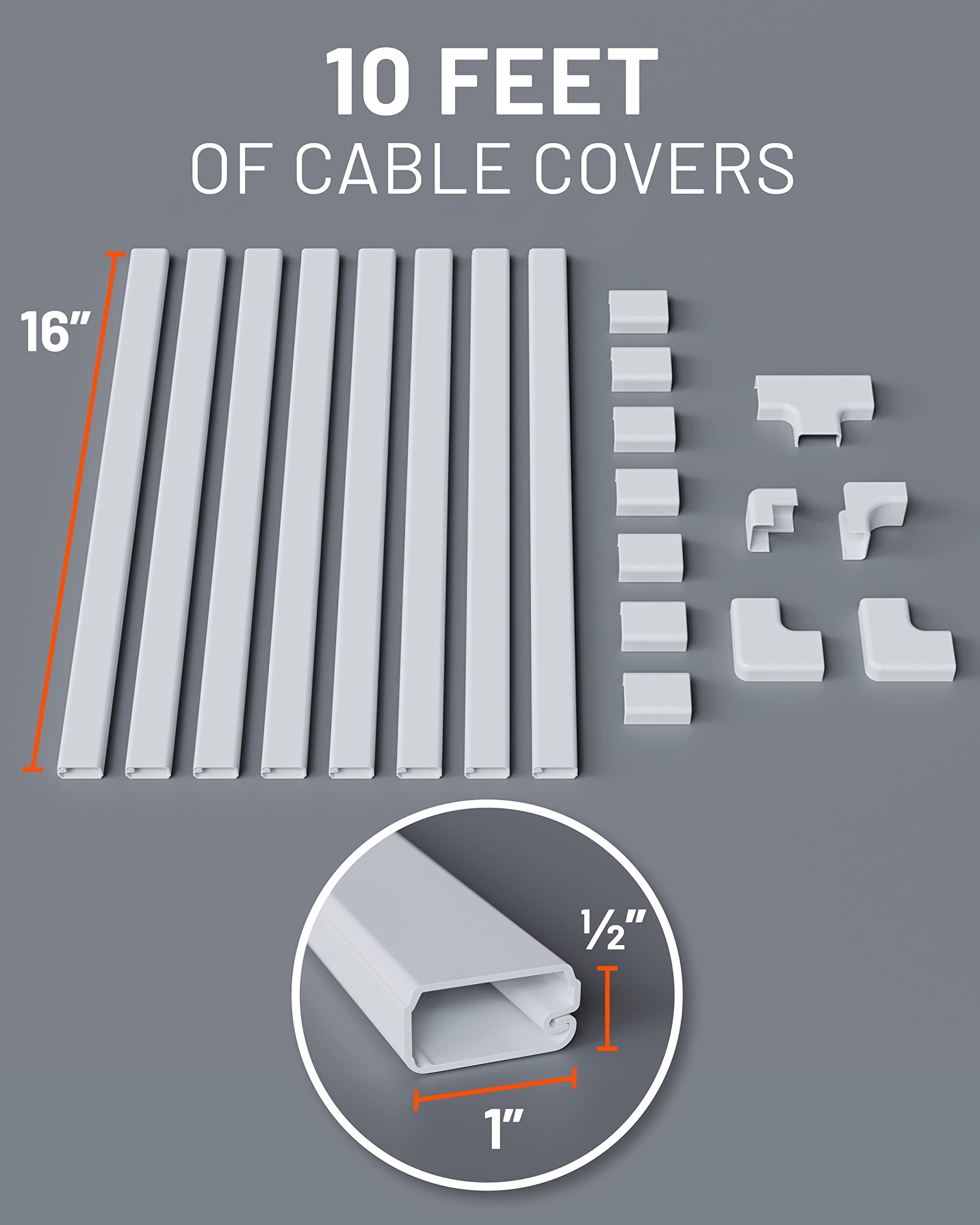 10 feet of cable covers, 16" long, 1" wide, and 1/2" high.