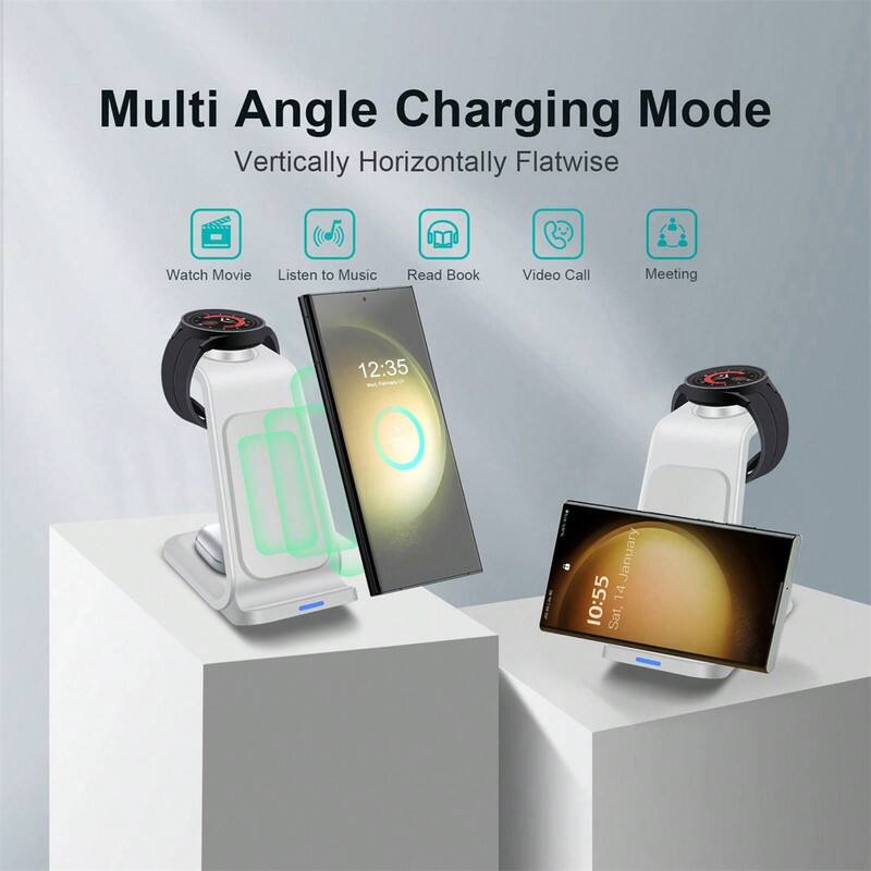 Multi Angle Charging Mode  
Vertically Horizontally Flatwise  

Watch Movie  
Listen to Music  
Read Book  
Video Call  
Meeting  

12:35  
10:55  
Sat, 14 January