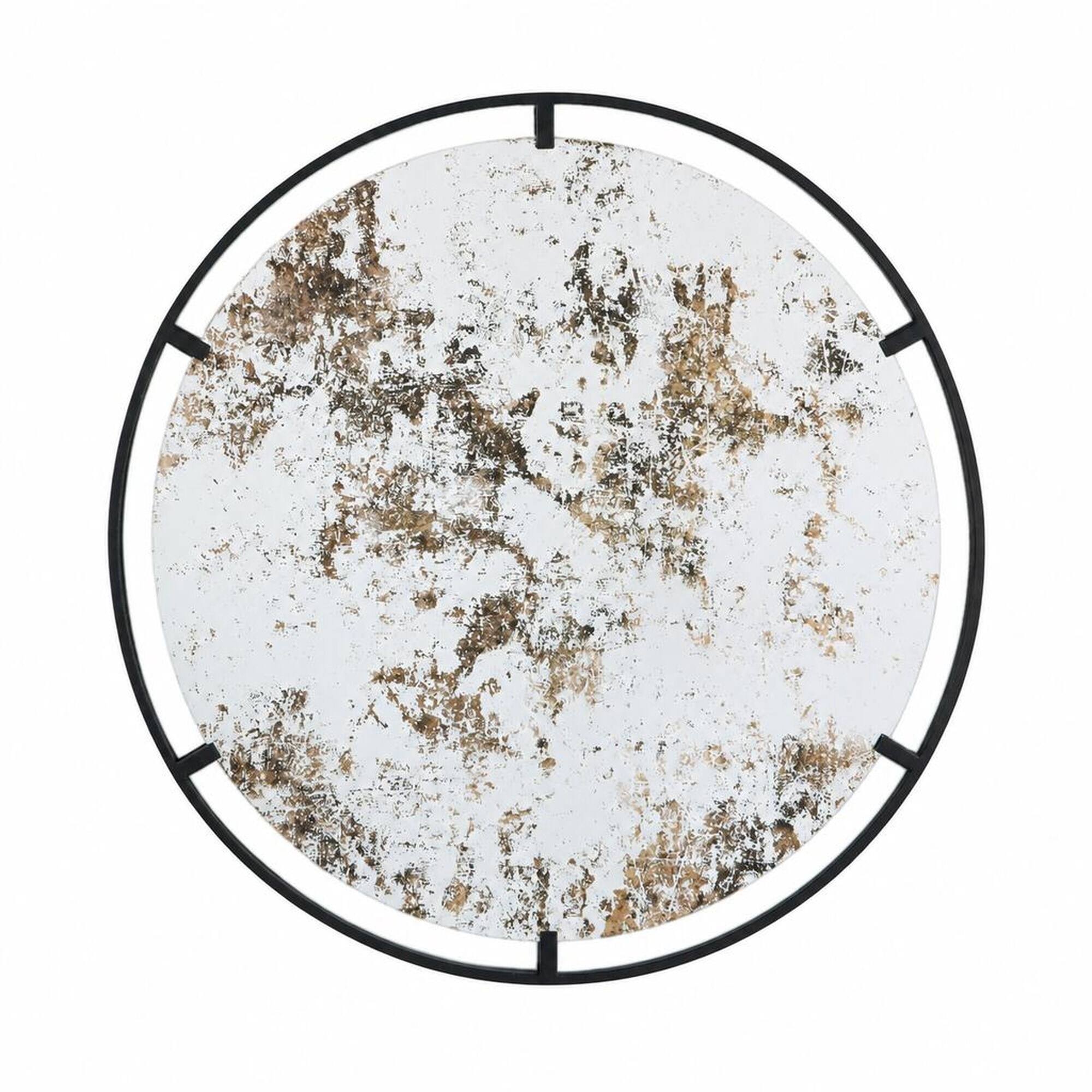 Front. RYHNUYNE - 31.5 in Round Wall Mirror, Industrial Metal Frame, 28.3 in Glass, 15.8 lbs, Entryway Decor - Black.