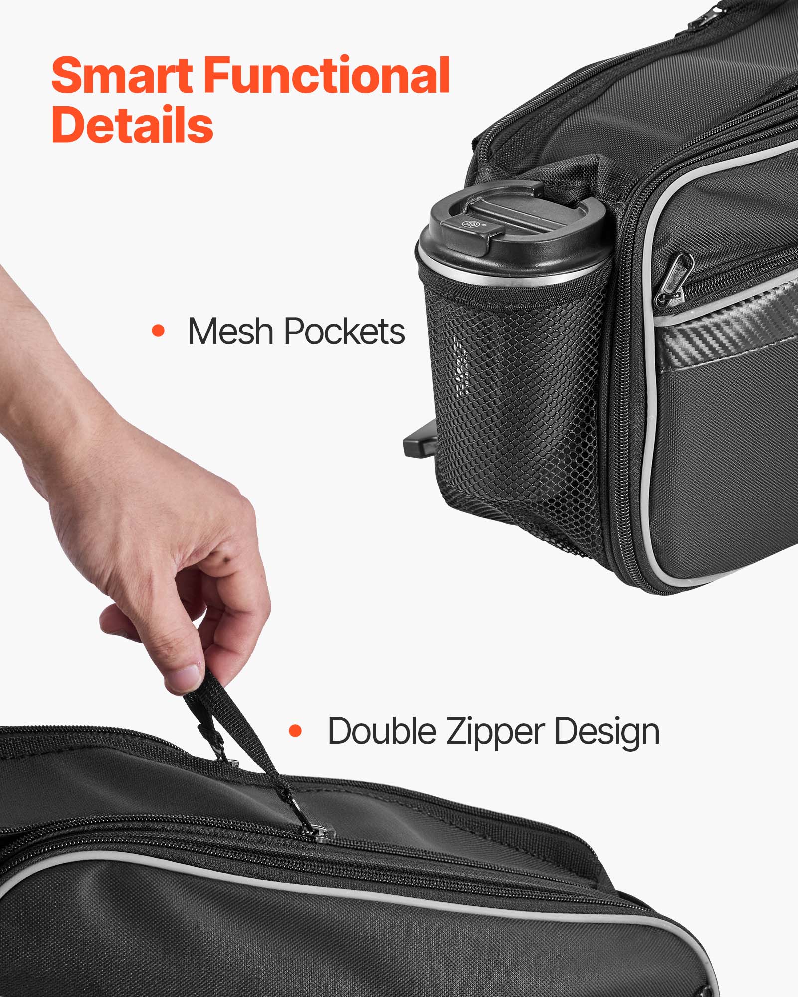 Smart Functional Details  
- Mesh Pockets  
- Double Zipper Design