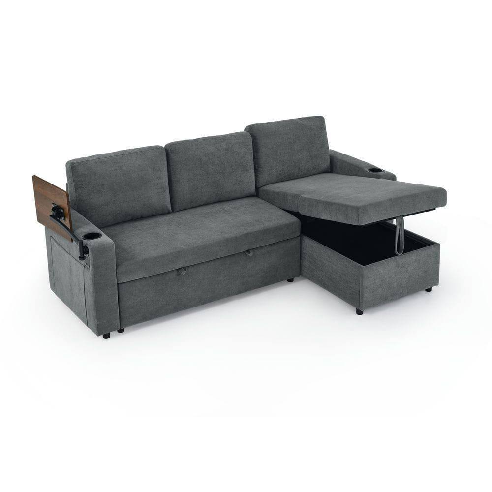 Alt View 10. Kadyn - Multi-Functional Chenille Sleeper Sofa, Retractable Table, LED Lights, USB Ports and Cup Holders, Gray - Gray.