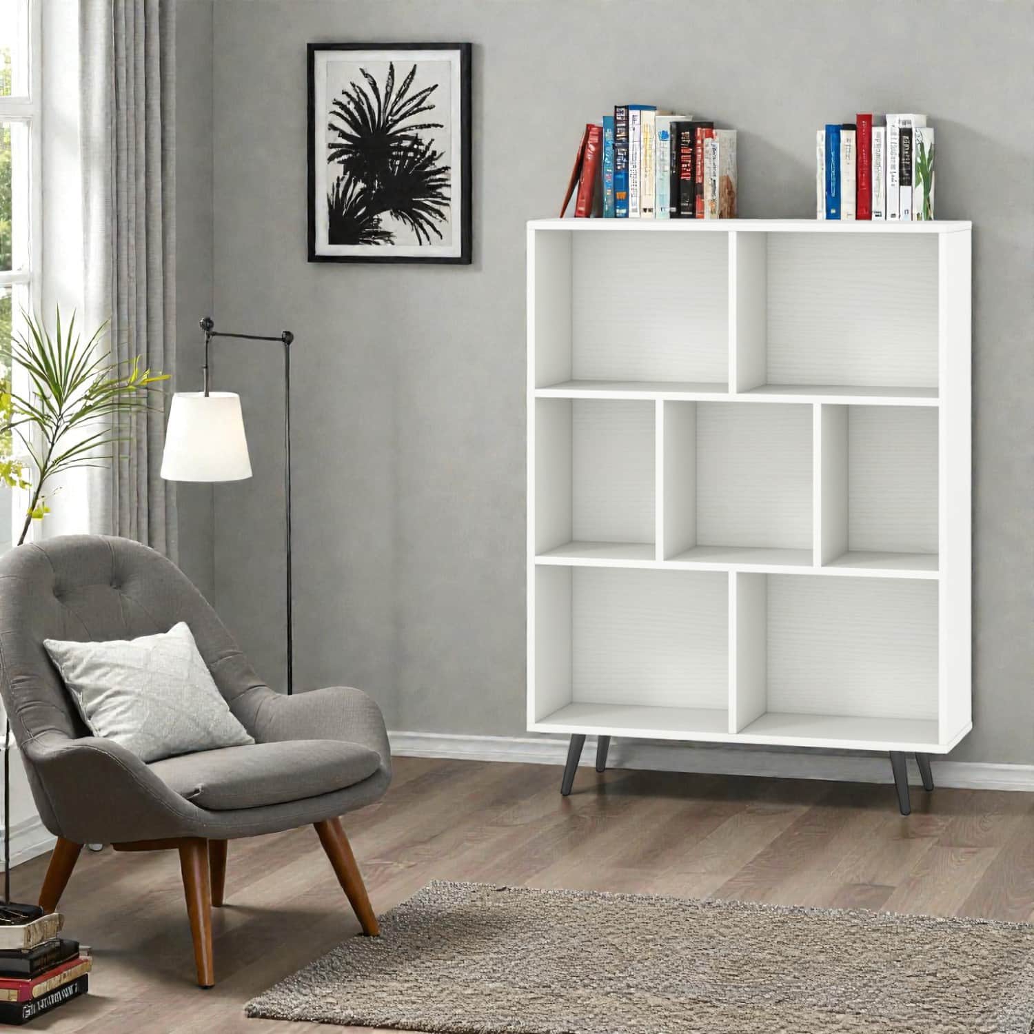 Hivvago - Modern Geometric Bookshelf with Metal Base - 7 cubes - White + Black