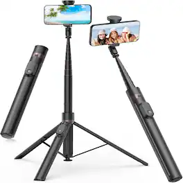 Schertz - 66" Auto-Open Phone Tripod with Remote, 360° Rotatable Selfie Stick Stand for iPhone/Android (Black)