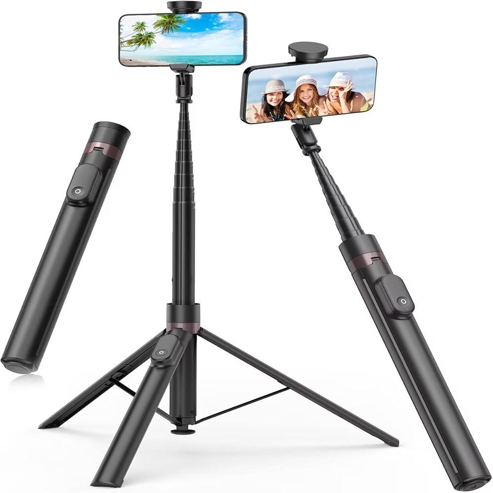 Front. Schertz - 66" Auto-Open Phone Tripod with Remote, 360° Rotatable Selfie Stick Stand for iPhone/Android (Black).