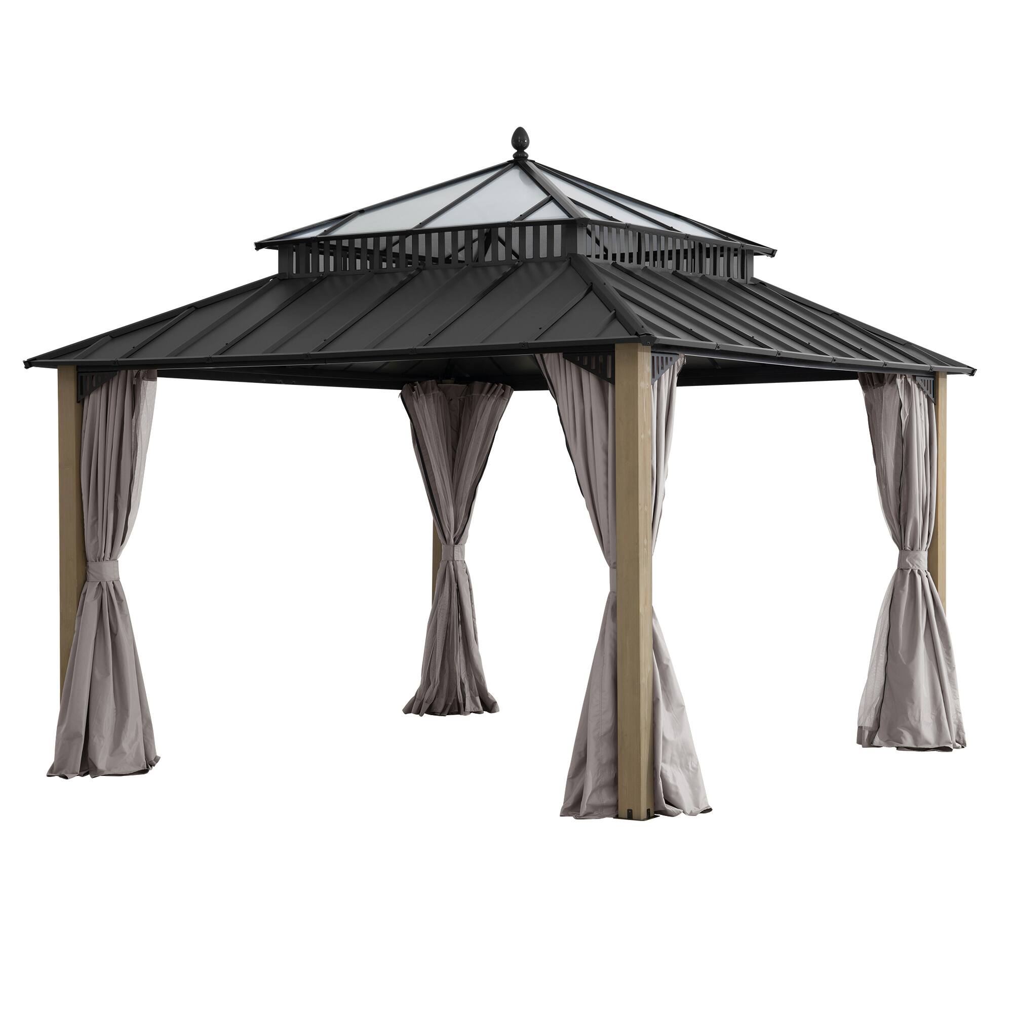 Angle. SUNJOY - SUNJOY Kingston 12x12 Gazebo, Steel & PC Roof Hardtop Gazebo with Curtain and Netting - Cedar Posts - Brown.