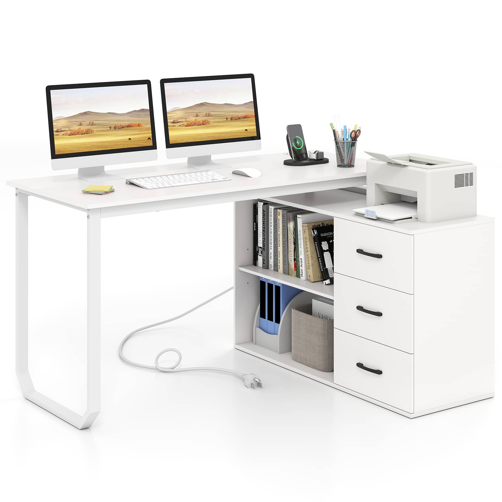 Costway - L-Shaped Desk with Power Outlet 55" Reversible Computer Desk with 3 Drawers - White