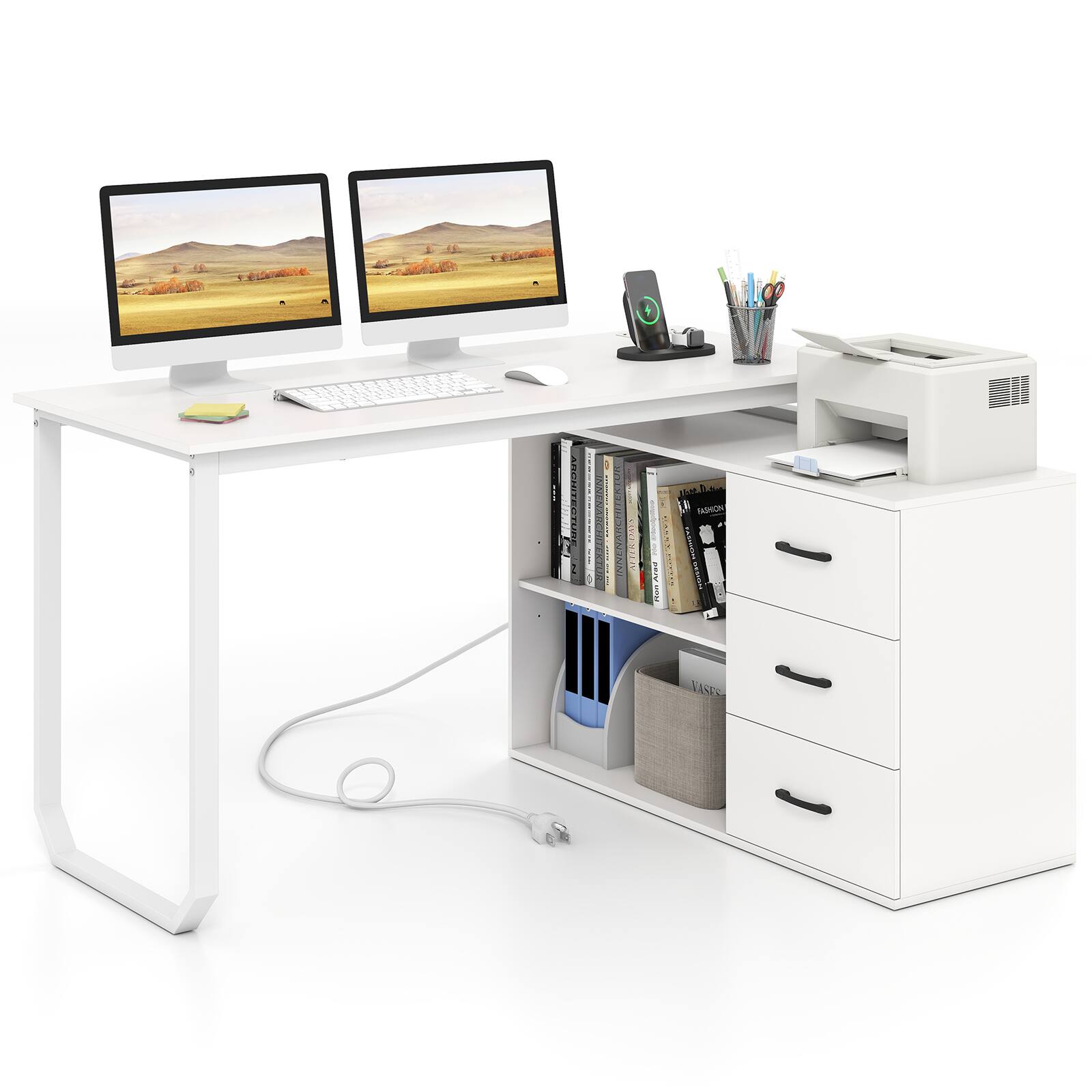 Costway - L-Shaped Desk with Power Outlet 55" Reversible Computer Desk with 3 Drawers - White