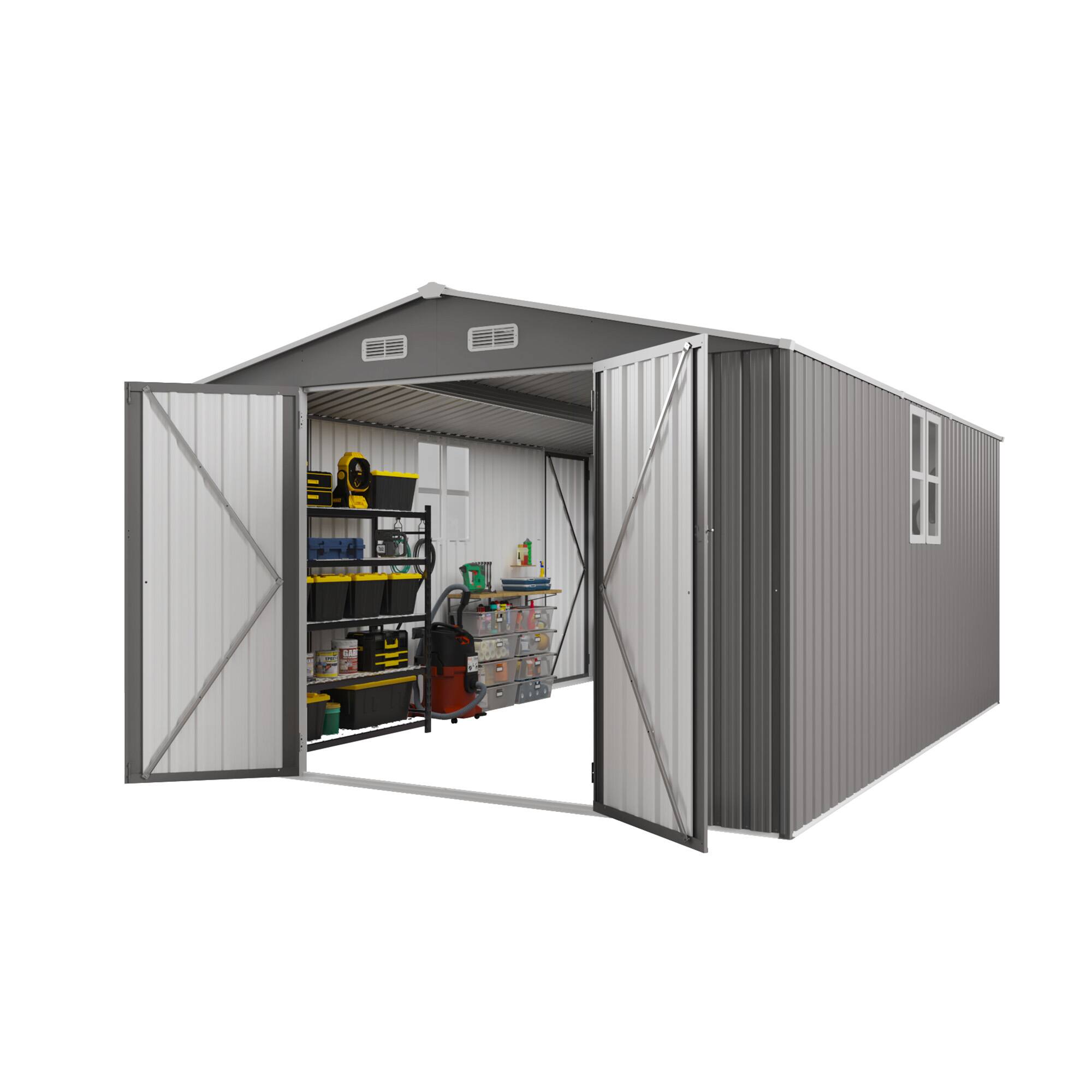 Alt View 9. Mondawe - 10x14 FT Outdoor Metal Storage Shed with Three Lockable Doors and Clear Window - Gray.