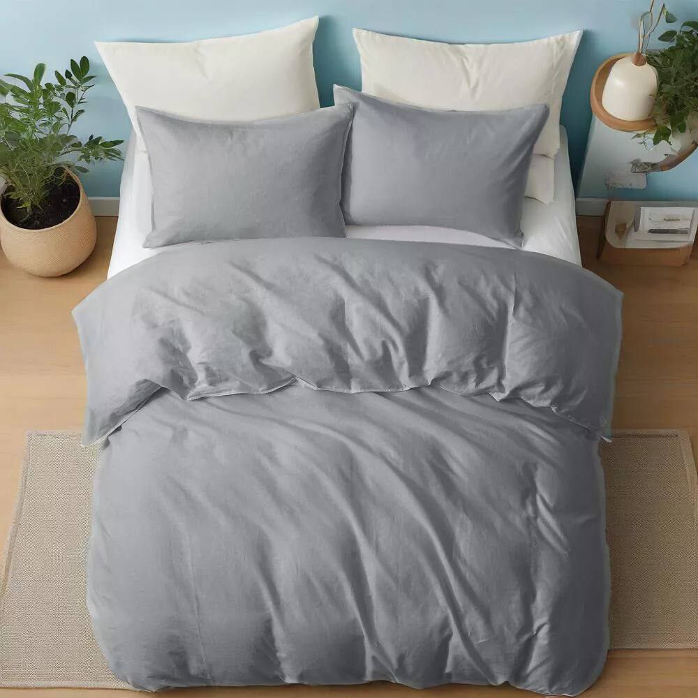 Left. Peace Nest - Peace Nest Linen Cotton Blend Duvet Cover Set - Dark Gray.