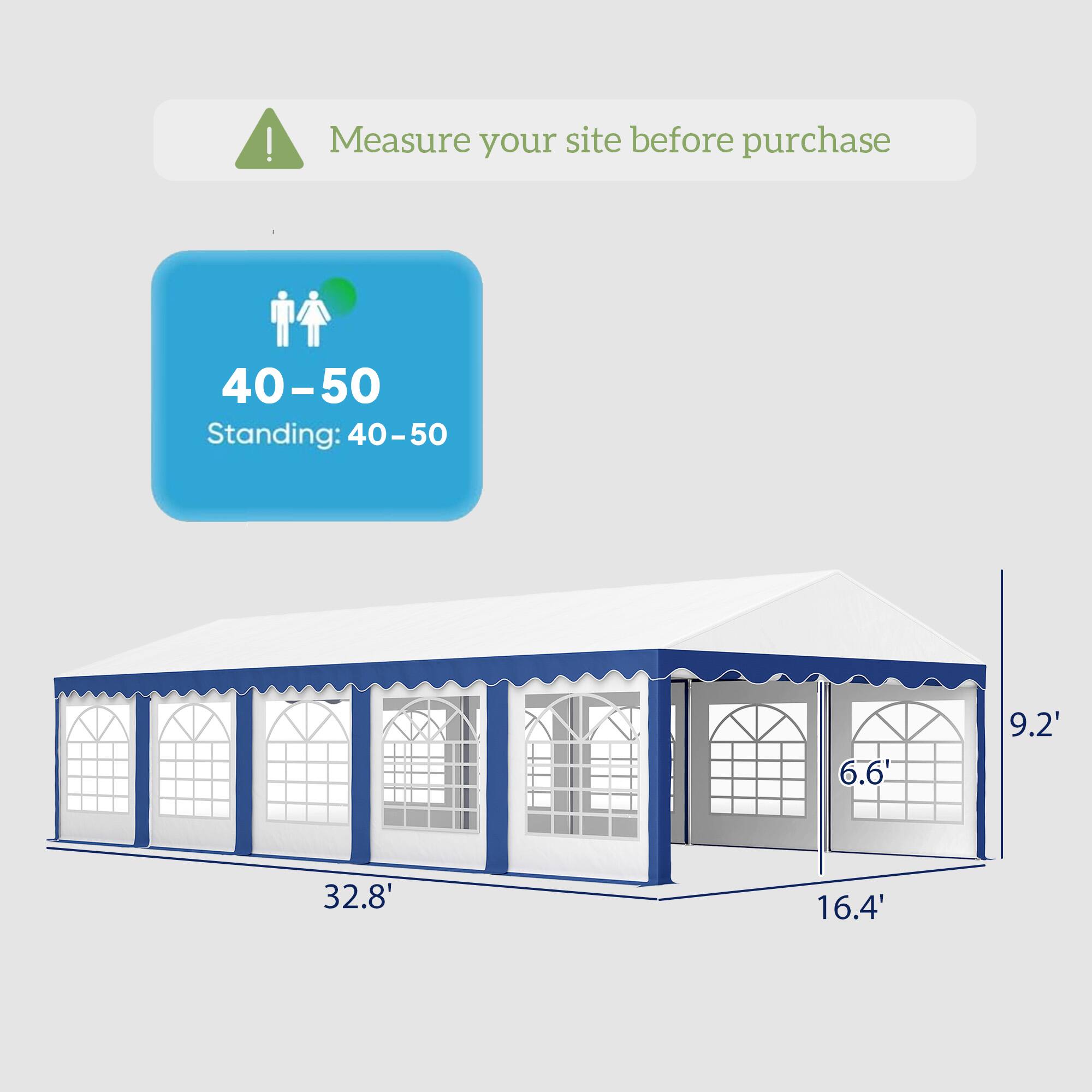 Measure your site before purchase, 40-50, Standing: 40-50, 6.6', 9.2', 32.8', 16.4'