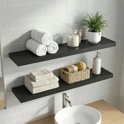 Front. Kadyn - Minimalist Floating Wall Shelves, Black Storage with Sturdy Military-Grade Iron Frame and Solid Wood for Living Room - Black.