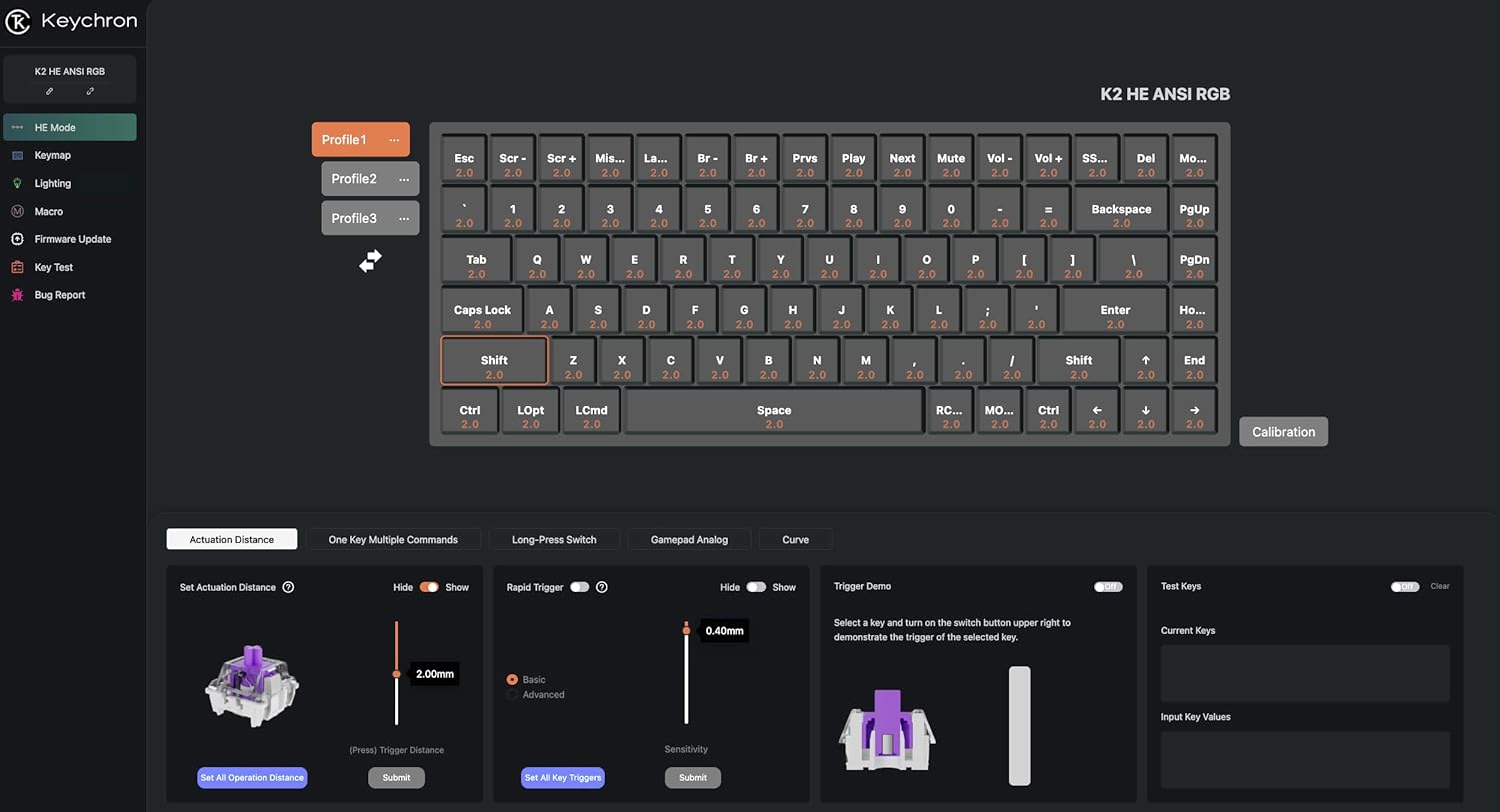 The image displays a computer keyboard with a software interface that allows the user to customize the keyboard's settings. The keyboard has a unique design, with a combination of black and grey colors. The software interface provides options for adjusting the lighting profile, keymap, and other settings to enhance the user's experience. The keyboard is equipped with a firmware update feature, which enables users to keep their device up-to-date with the latest software improvements.