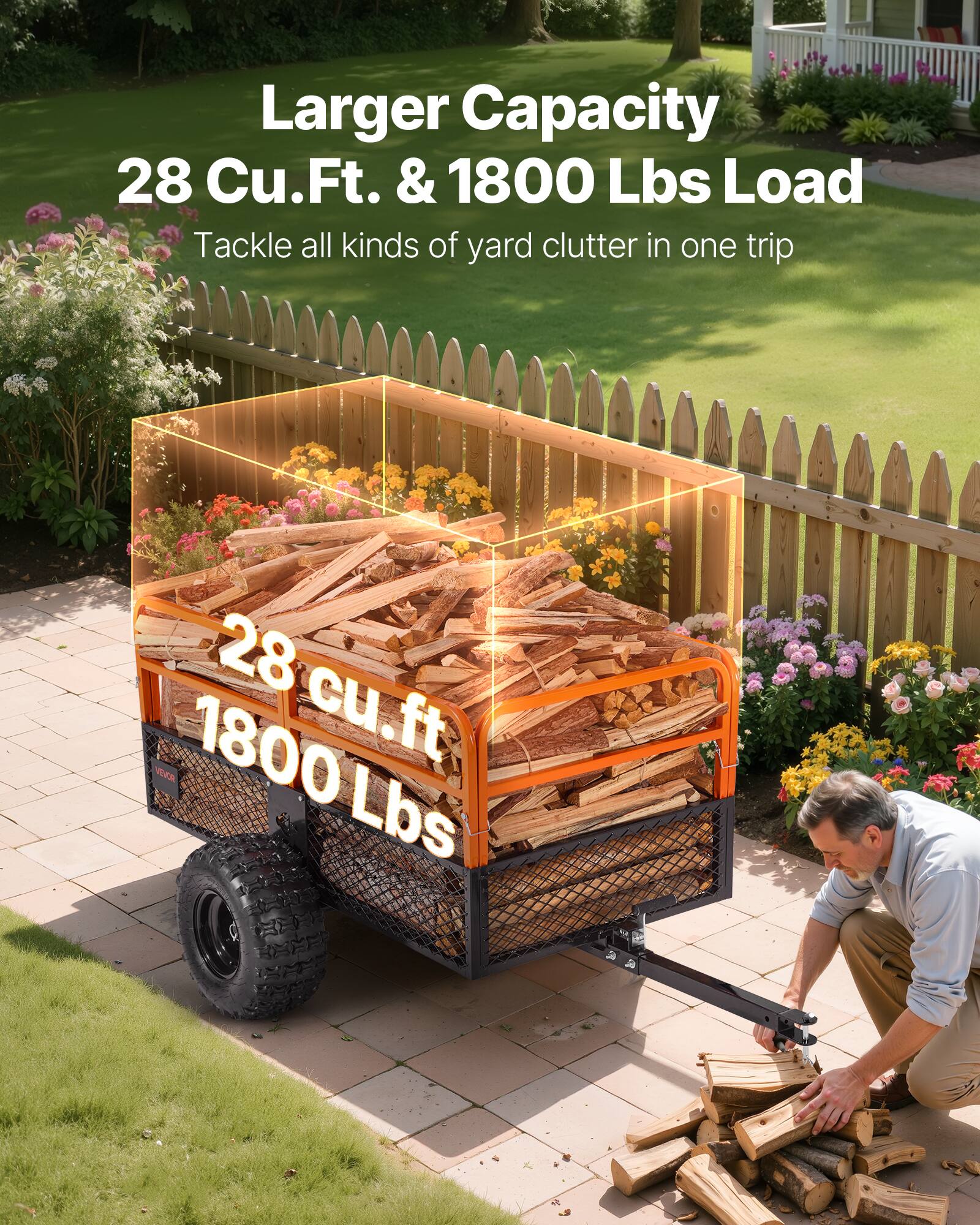 Larger Capacity  
28 Cu.Ft. & 1800 Lbs Load  
Tackle all kinds of yard clutter in one trip  

28 cu.ft  
1800 Lbs