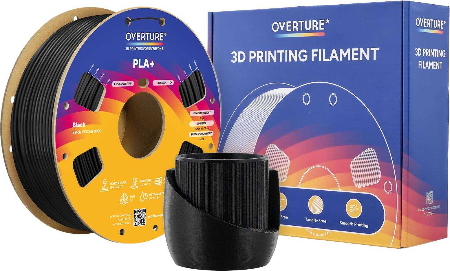 OVERTURE 3D PRINTING FOR EVERYONE  
PLA+  
OVERTURE 3D PRINTING FILAMENT  
PLA/PETG/TPU ABS/ASA  

Black  
Batch VCO2AF0093  

FILAMENT WEIGHT 14g  
DIAMETER 1.75mm - 0.00mm  
EMPTY SPOOL WEIGHT -142g  

NOZZLE TEMP. 190-230°C  
FAN On  
BED TEMP. 35-60°C  
DRYING SETT 55°C/6h  

profile.overt  

Free  
Tangle-Free  
Smooth Printing  

200545/A2025  
T100134