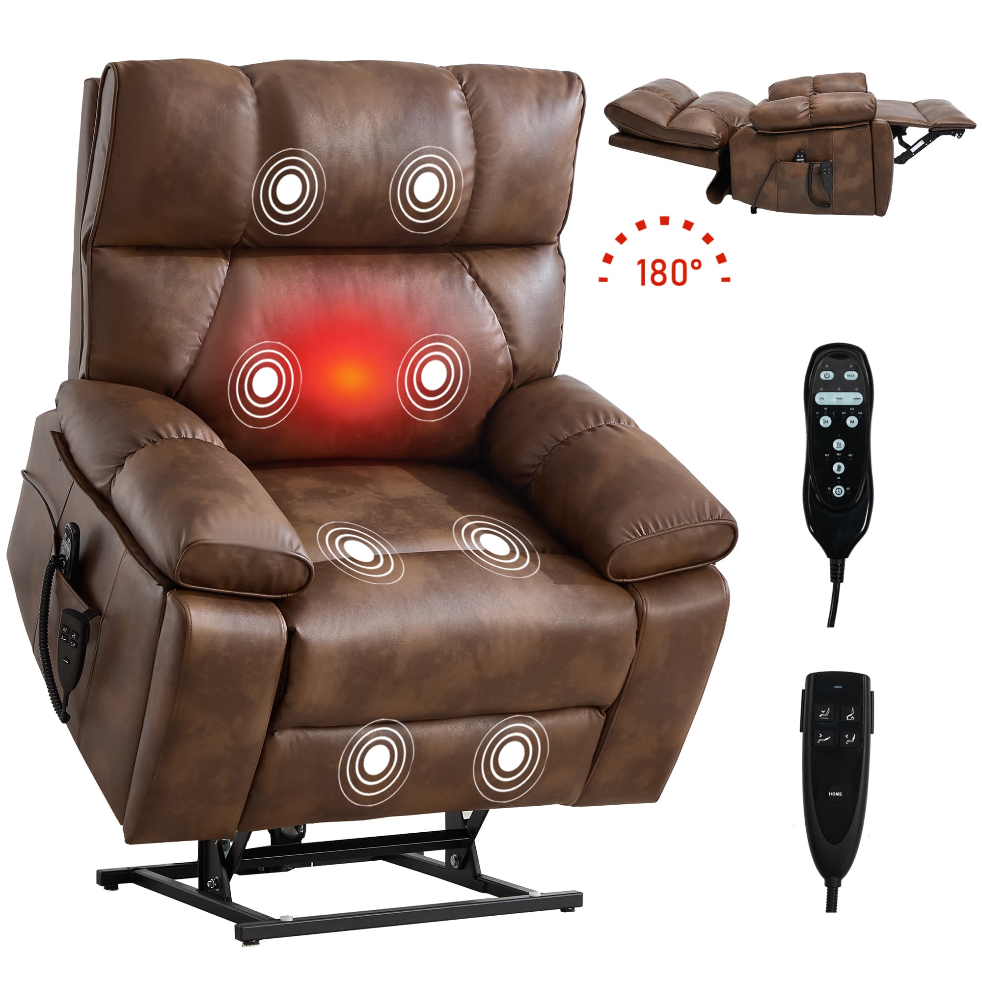 Lycvki- Leatheraire Dual Motor Power Lift Recliner Chair Heat Massage 350 LBS- Brown