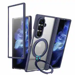 Dteck - For Samsung Galaxy Z Fold8 Ultra Magnetic Case Built-in Screen Protector,Shockproof Ring Stand Clear Back Hinge Cover - Blue