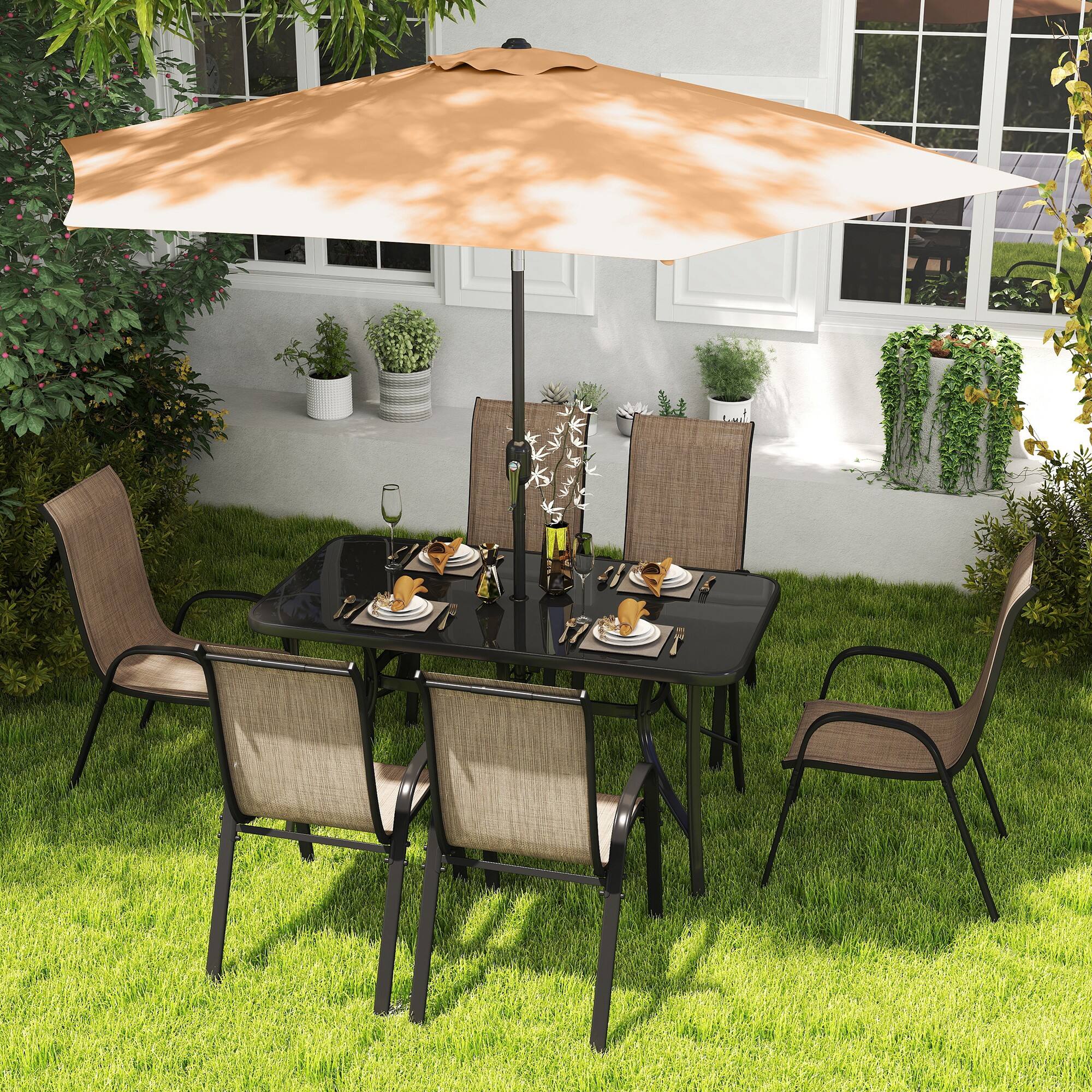 Alt View 8. Outsunny - Pieces Patio Furniture Set with 9Ft Patio Umbrella, Outdoor Dining Table and Chairs - Brown.