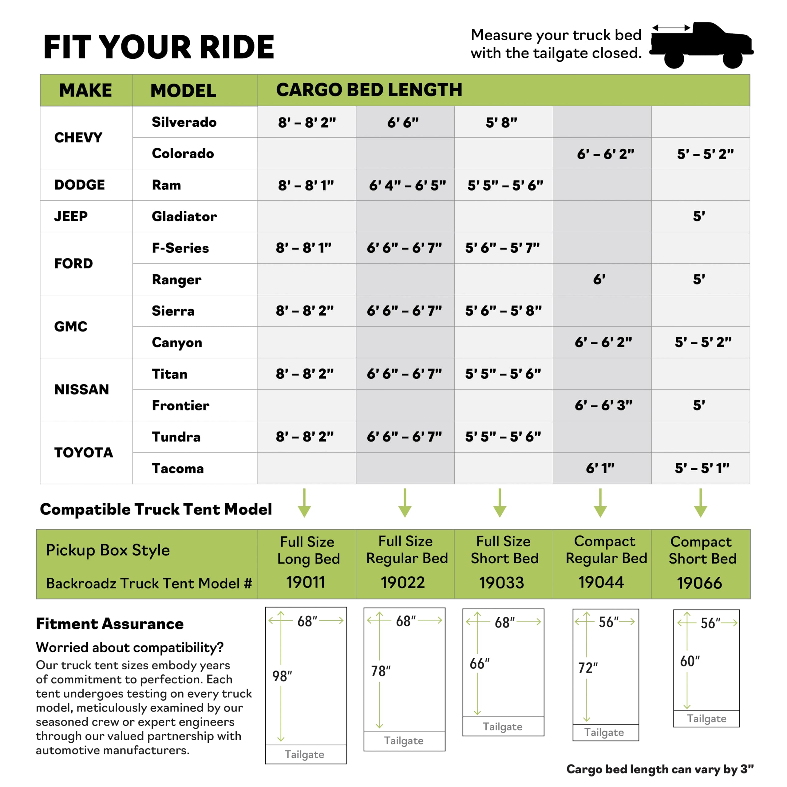 **FIT YOUR RIDE**

Measure your truck bed with the tailgate closed.

| MAKE    | MODEL       | CARGO BED LENGTH |
|---------|-------------|-----------------|
| CHEVY   | Silverado   | 8'–8'2"         | 6'6"–6'5"    | 5'5"–5'6"    | 6'–6'2"      | 5'5"–5'2"    |
|         | Colorado   |                 | 6'6"–6'7"    | 5'6"–5'7"    |             |             |
| DODGE   | Ram        | 8'–8'1"         |             |             |             |             |
| JEEP    | Gladiator  |                 | 6'6"–6'7"    | 5'6"–5'8"    |             |             |
| FORD    | F-Series   | 8'–8'1"         |             |             | 6'–6'2"      | 5'5"–5'2"    |
|         | Ranger     |                