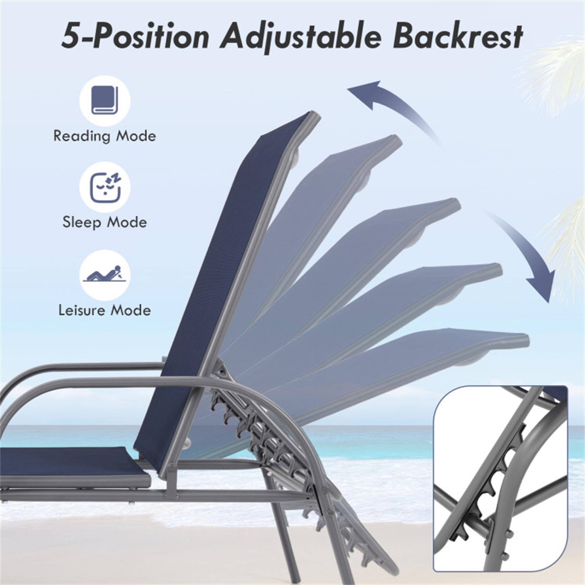 5-Position Adjustable Backrest

- Reading Mode
- Sleep Mode
- Leisure Mode