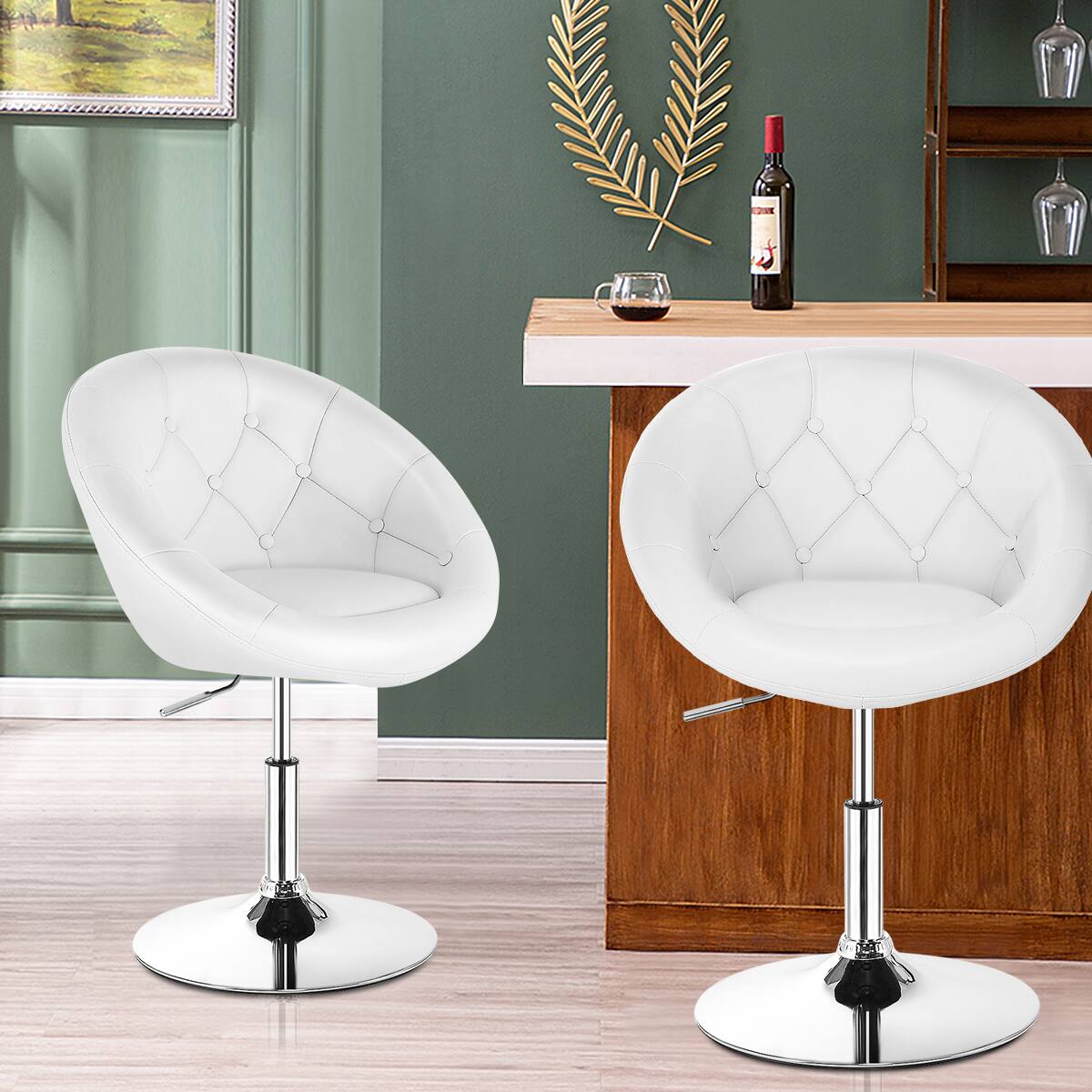 Alt View 3. Costway - Costway Set of 2 Swivel Bar Stools Height Adjustable Round Tufted Back Bar Chairs - White.