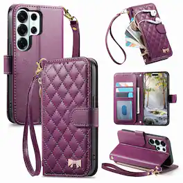 Dteck - Zipper Wallet Case for Samsung Galaxy S26 Ultra,PU Leather Flip Cover with Wrist Strap,Magnetic Snap Shockproof Case - Purple