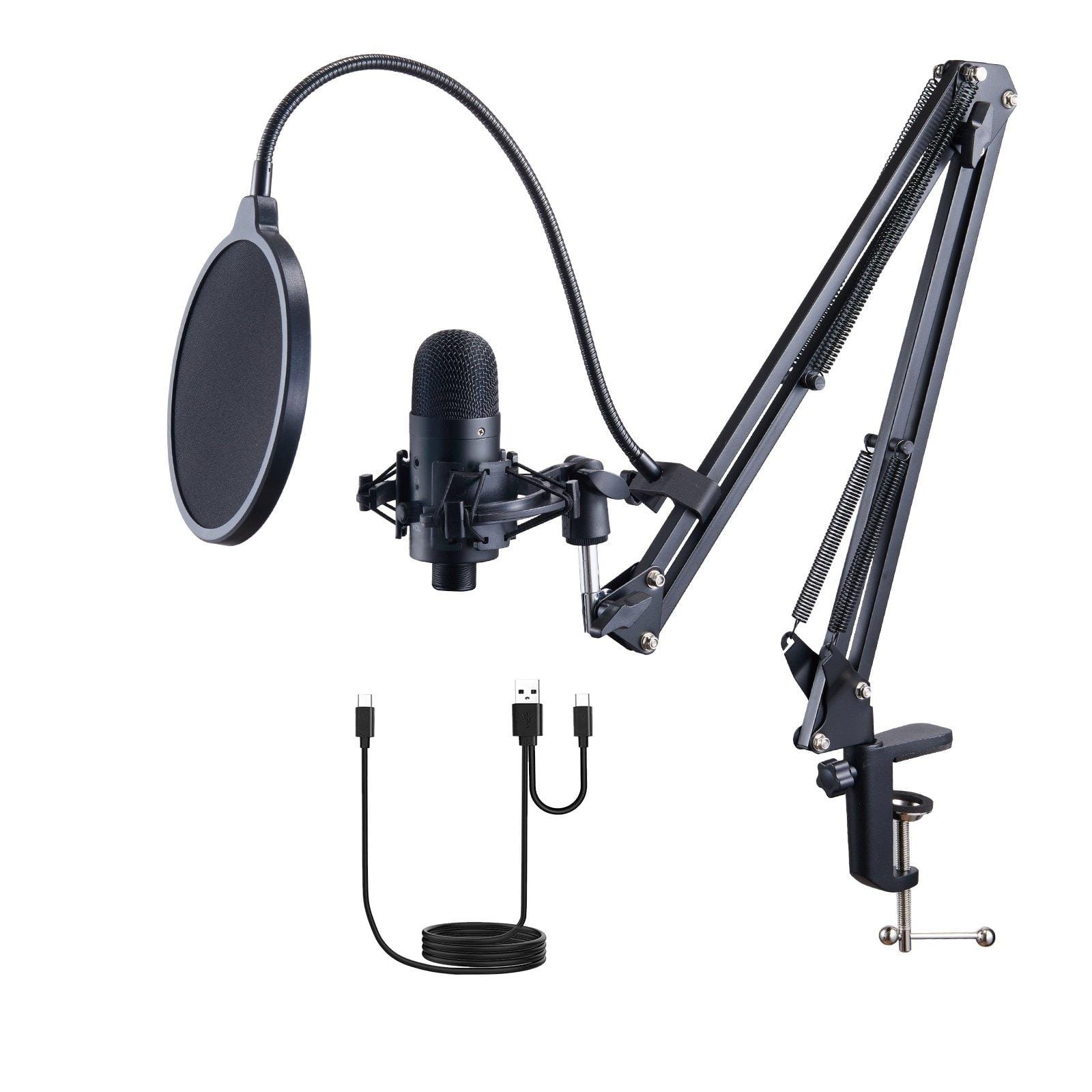 Glintex - USB Microphone, 192kHz/24-bit Condenser Mic Kit with Boom Arm, Pop Filter, Shock Mount, Mute Button and Headphone Jack