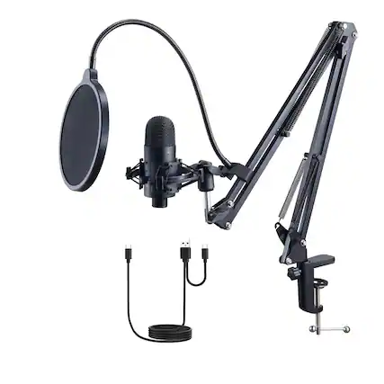 Front. Glintex - USB Microphone, 192kHz/24-bit Condenser Mic Kit with Boom Arm, Pop Filter, Shock Mount, Mute Button and Headphone Jack.