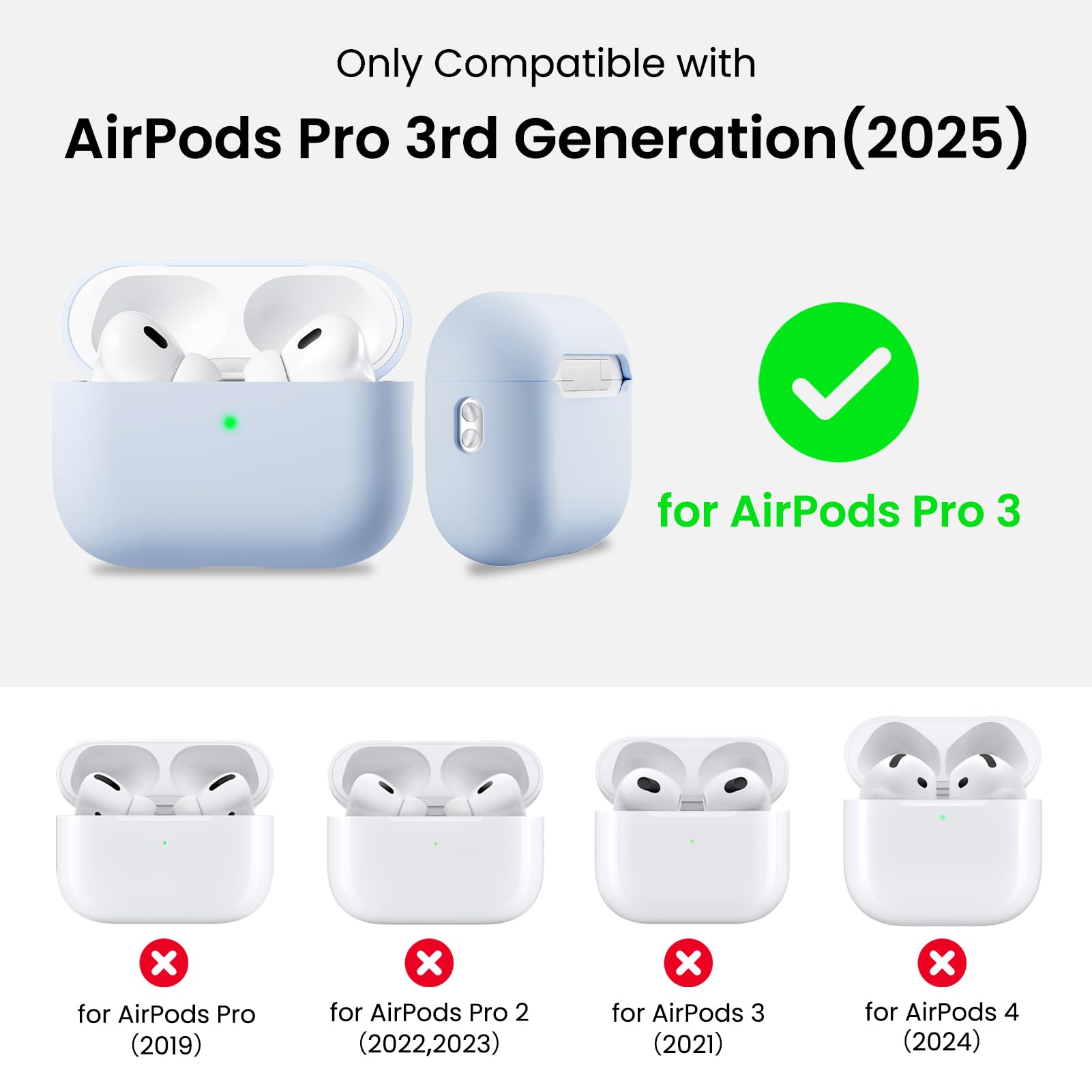 Only Compatible with  
AirPods Pro 3rd Generation (2025)  
for AirPods Pro 3  
for AirPods Pro (2019)  
for AirPods Pro 2 (2022, 2023)  
for AirPods 3 (2021)  
for AirPods 4 (2024)