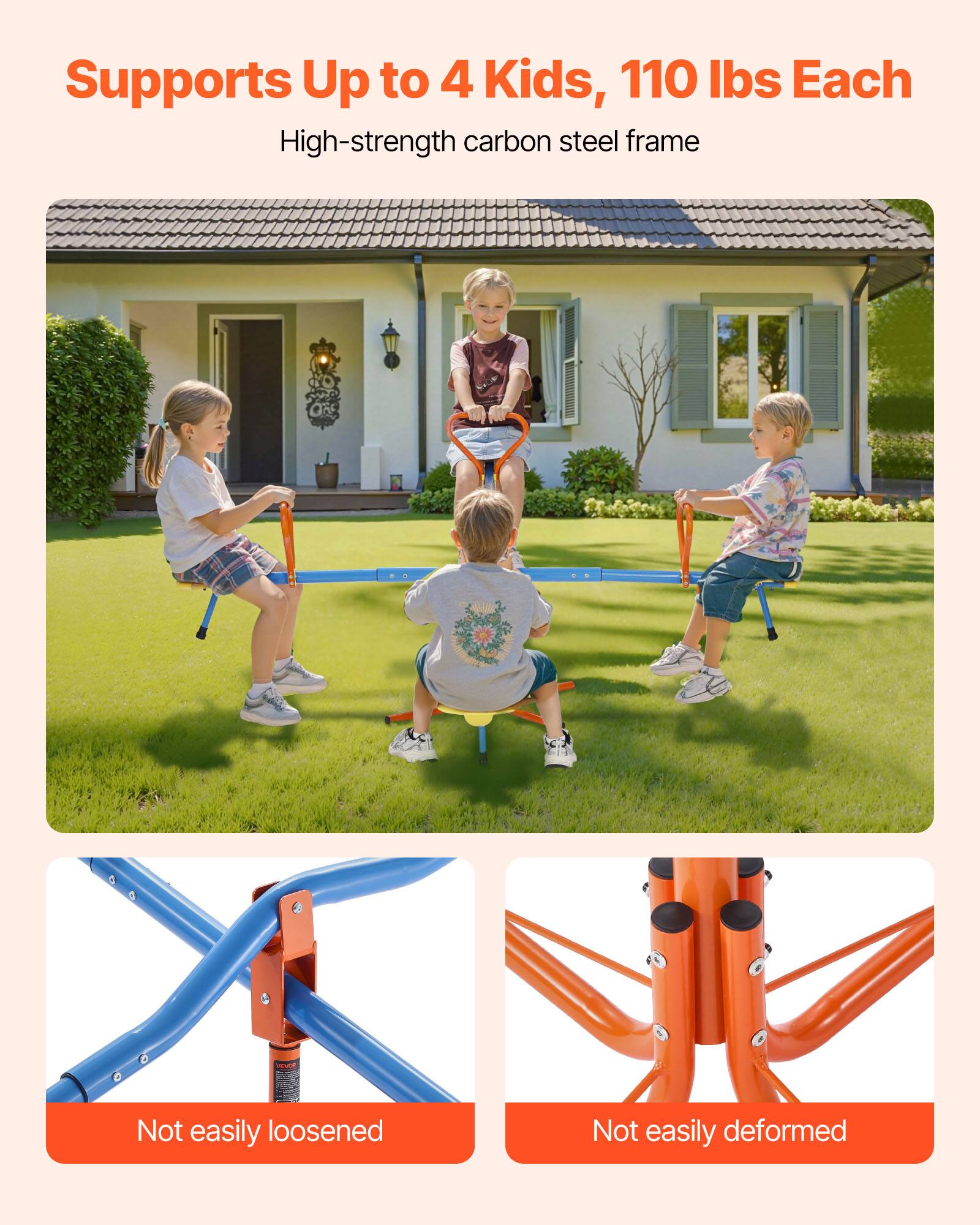Supports up to 4 kids, 110 lbs each. High-strength carbon steel frame. Not easily loosened. Not easily deformed.