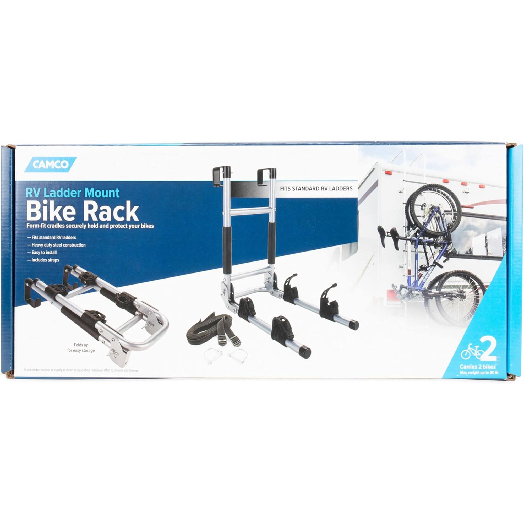 CAMCO RV Ladder Mount Bike Rack  
Form-fit cradles securely hold and protect your bikes  
FITS STANDARD RV LADDERS  
Heavy duty steel construction  
Easy to install  
Includes straps  
Carries 2 bikes  
Max weight up to 60 lbs