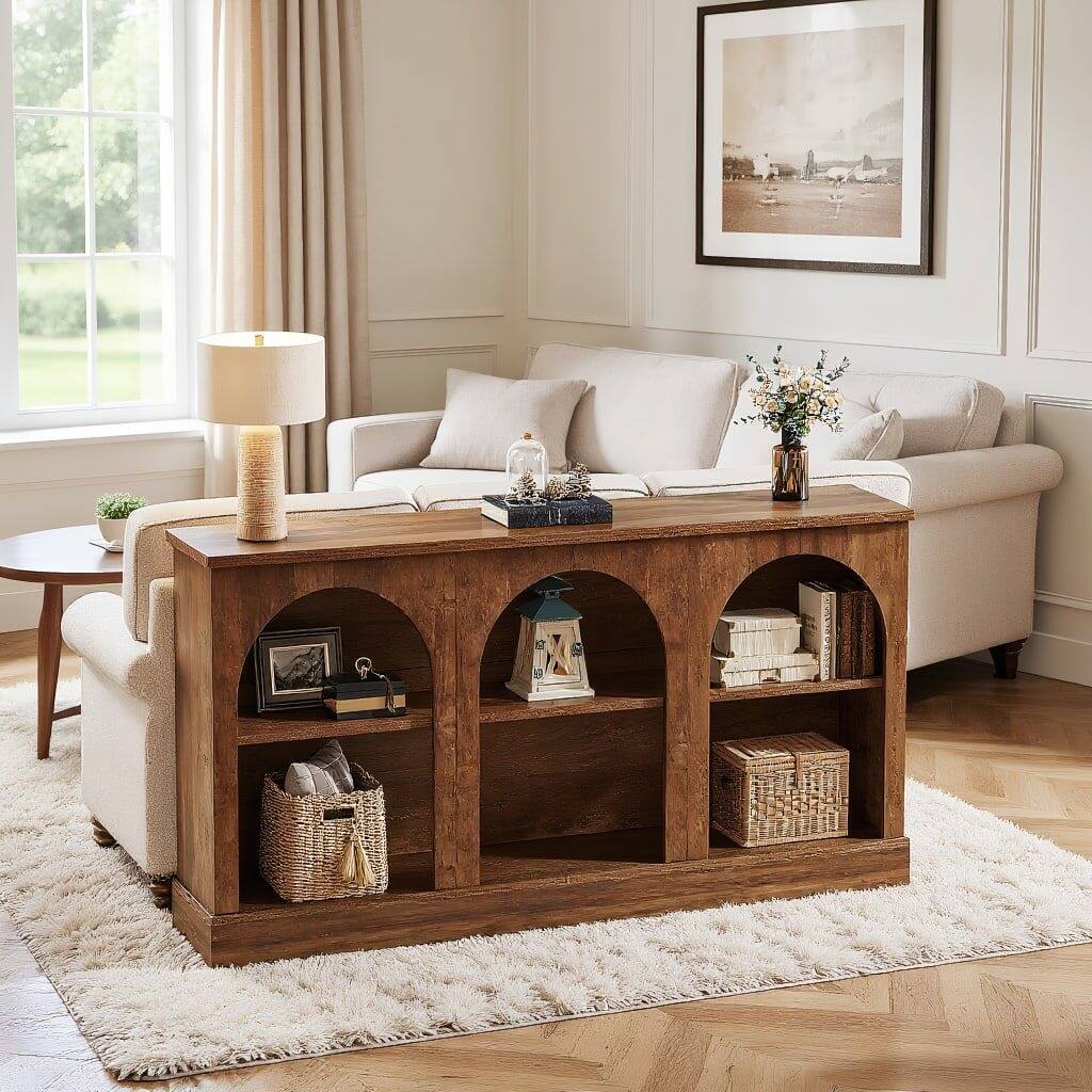 Left. Kadyn - Kadyn 3-Tier Storage Console Table, Rustic Entryway Decor, Space-Saving Home Accessory, Rustic Brown - Brown.