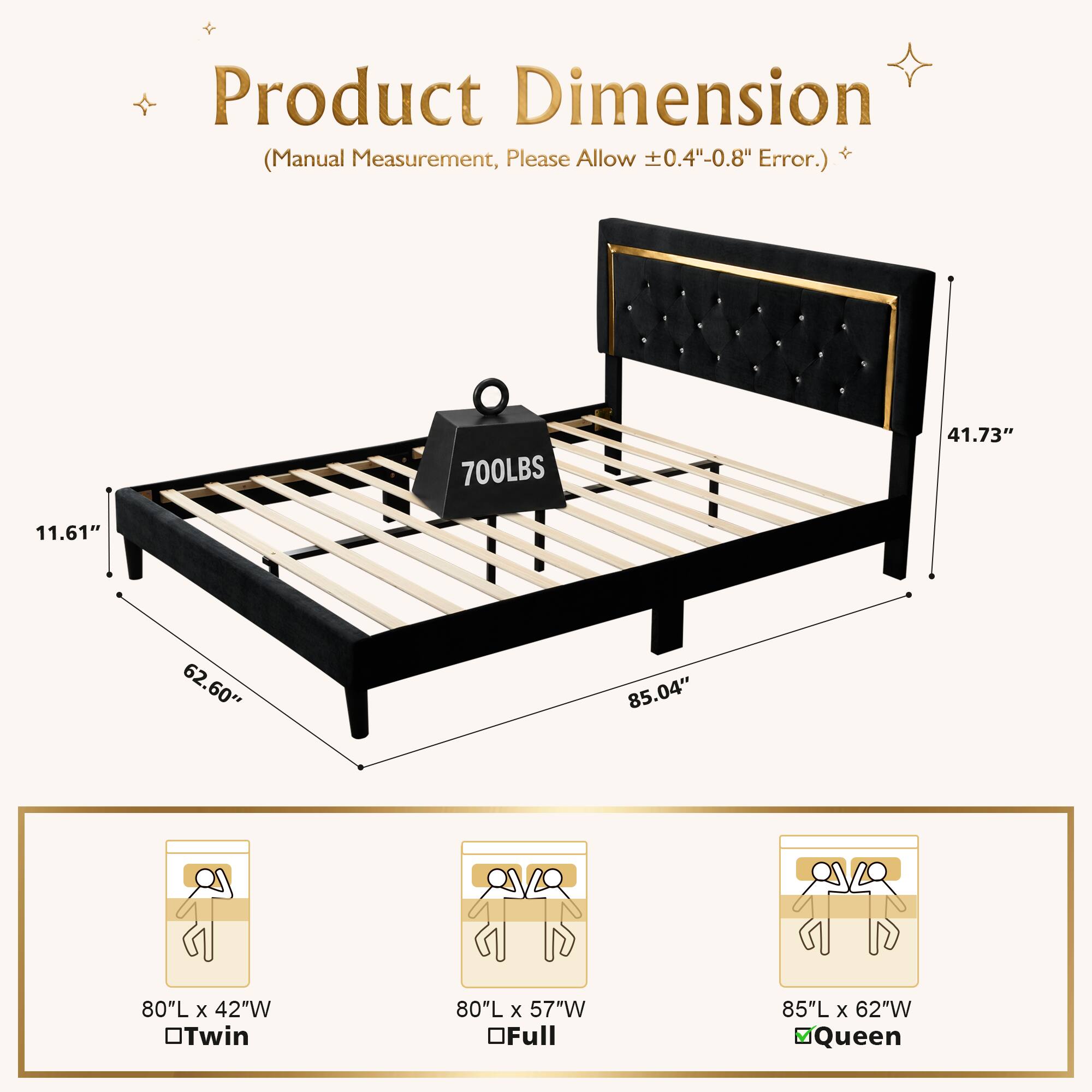 Product Dimension Measurement, Please Allow 0.4"-0.8" + (Manual Error.)  
700LBS  
41.73" 11.61" 62.60" 85.04"  
80"L x 42"W OTwin  
80"L x 57"W OFull  
85"L x 62"W Queen