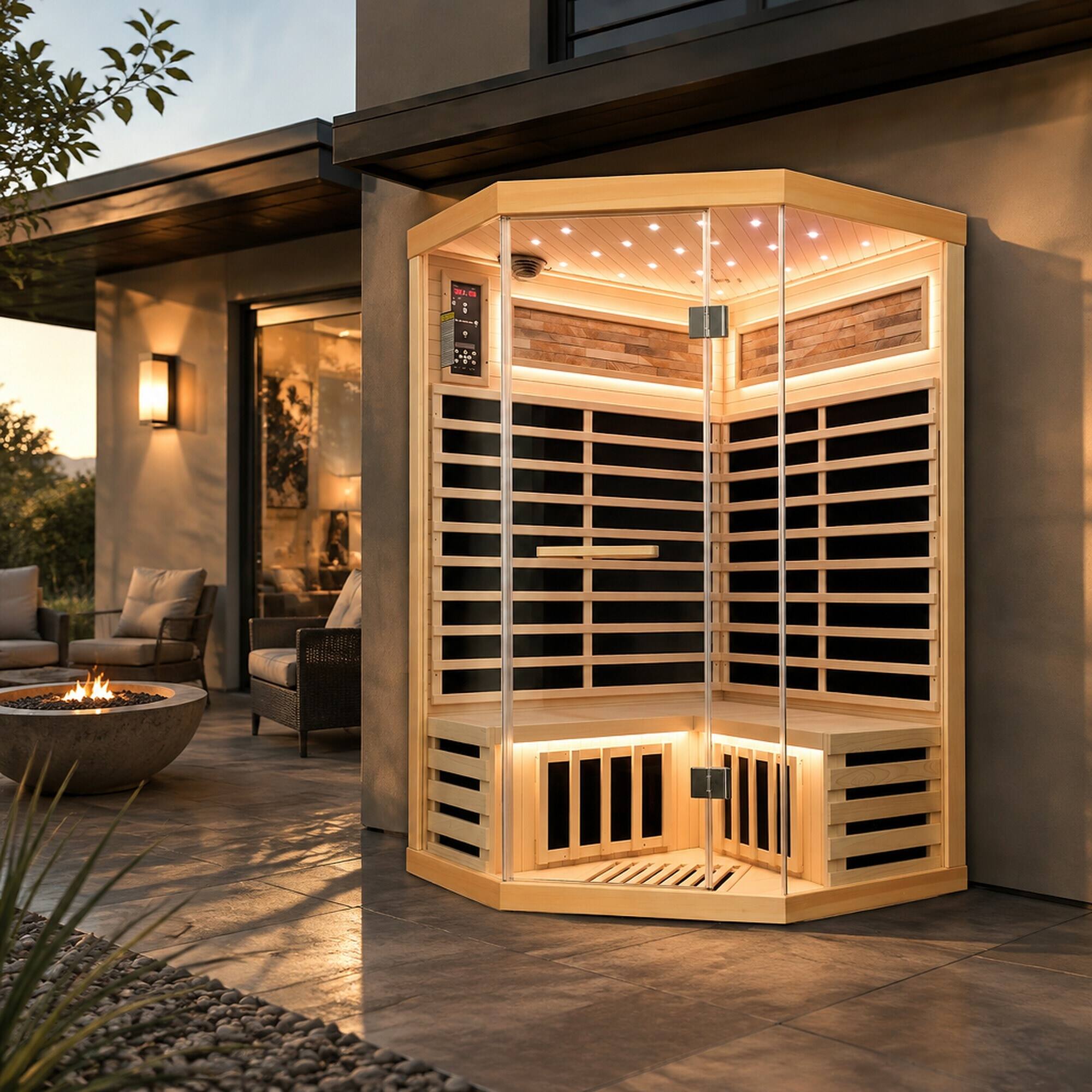 Angle. RYHNUYNE - Double Sauna Room, 120 x 120 x 190 cm, Canadian Hemlock Wood, 1935W Carbon Plate Heating, 7 Heating Plates, Starry Sky - Ameican White Oak.