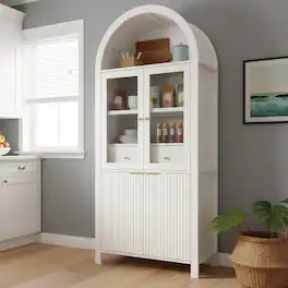 Boyel Living - 71 Inch Fluted Tall Arched Pantry Cabinet with Glass Door and Hidden Drawer - White