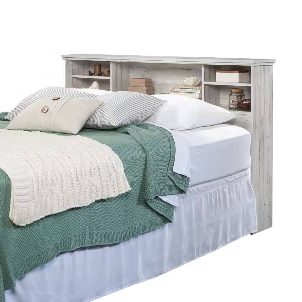 Angle. SlickBlue - Farmhouse Headboard with Built-In Bookcase for Bedroom Storage - Grey.