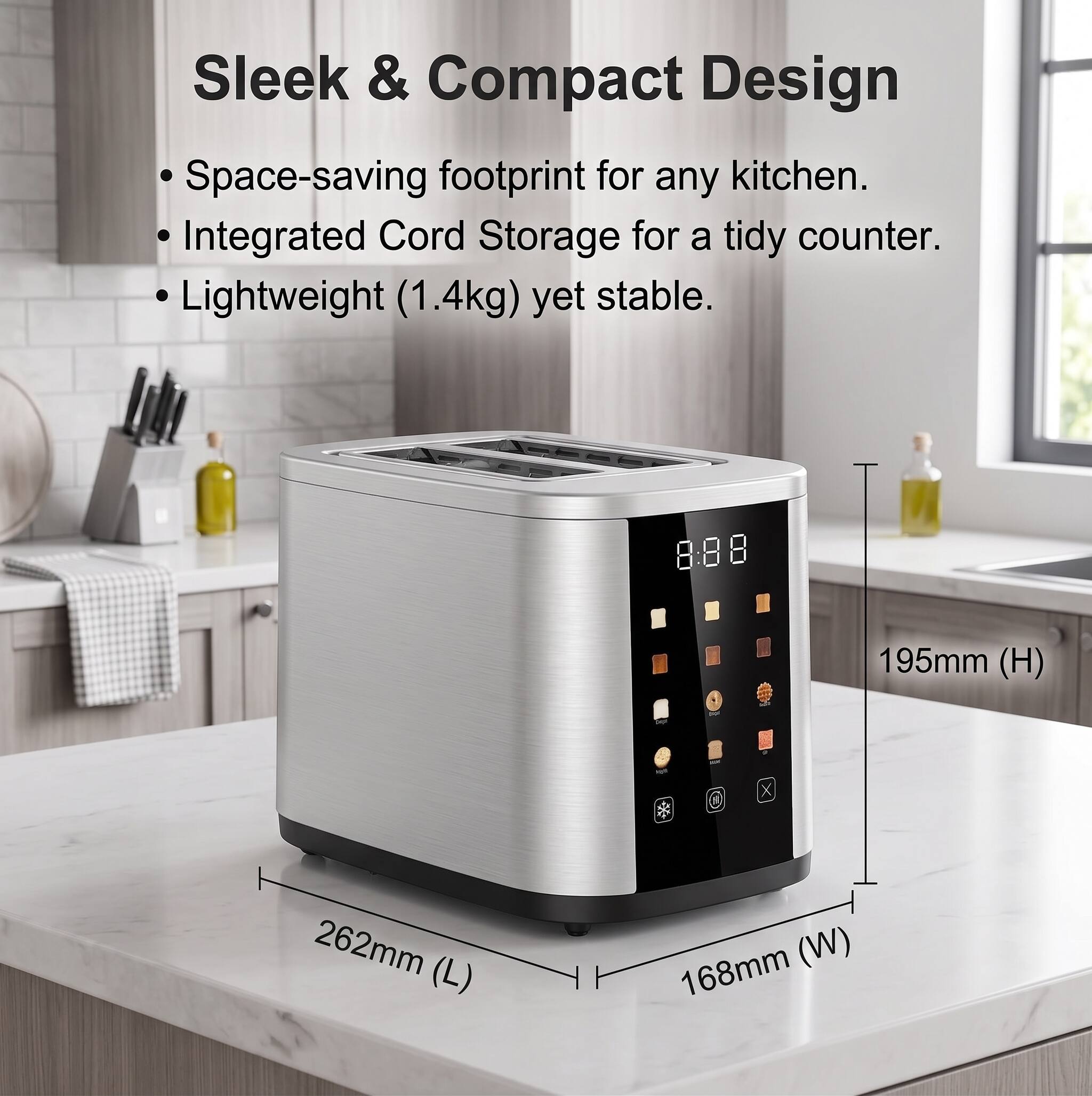 Sleek & Compact Design  
Space-saving footprint for any kitchen.  
Integrated Cord Storage for a tidy counter.  
Lightweight (1.4kg) yet stable.  

Dimensions:  
195mm (H) x 262mm (L) x 168mm (W)