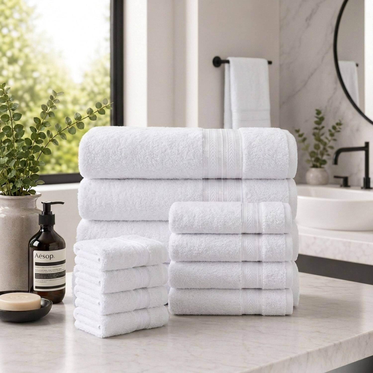 Angle. Plazatex - Plazatex 100% Premium Cotton Textured Border Ultra Soft Absorbent 12 Piece Bathroom Towel Set White - White.